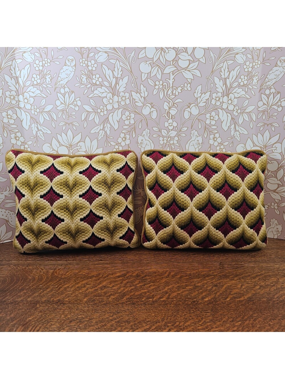 Vintage Bargello Needlepoint Pillows Set of 2 Geometric Wool Velvet Back